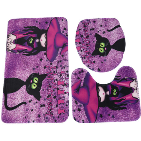 3 Pièces Tapis de Bain Antidérapant Housse d'Abattant WC Ensemble Décoratif Salle de Bain Motif Sorcière Polyester
