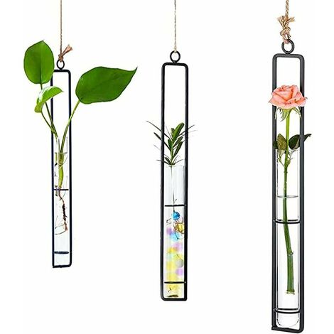 3 Pièces Vase en Verre en Fer Forgé, Vase Suspendu en Verre Tube à Essai, Vase Tube à Essai en Fer Forgé, pour Décoration Maison (3 Tailles)