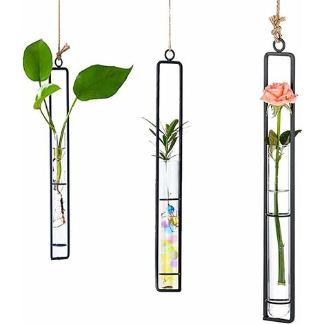 3 Pièces Vase en Verre en Fer Forgé, Vase Suspendu en Verre Tube à Essai, Vase Tube à Essai en Fer Forgé, pour Décoration Maison (3 Tailles)