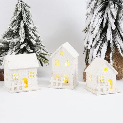 AUTRES 3 Pièces Village de Noel en Bois, Maison Miniature, Maison de Neige Blanche, Mini Lumineux LED à Pile, Decoration Noel Petite Accessoire Anime Veilleuse Cadeau Hiver