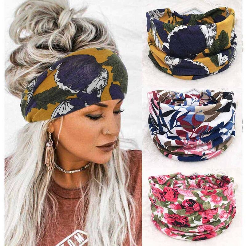 

3 piezas Boho Bandeau Diademas de nudo ancho Pañuelo para el cabello con estampado floral Banda para el cabello Turbante elástico Envoltura de cabeza