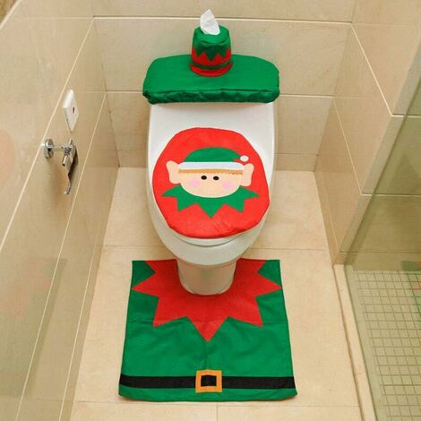 3 Piezas Cubierta de Asiento de Inodoro de Navidad Decoraciones de Navidad Cubierta de Asiento de Inodoro para Cisterna y Juego de Decoración de Alfombrilla de Bao, Decoraciones de Fiesta (Duende de N