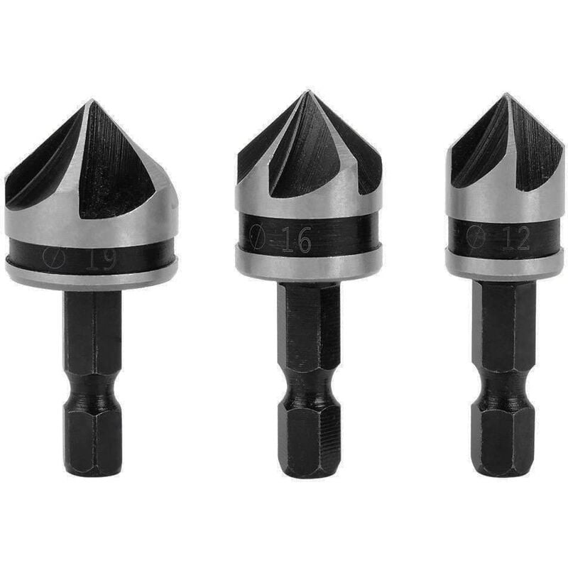 

3 piezas de brocas hexagonales de 5 vías para biselar avellanador de 12 mm / 16 mm / 19 mm, adecuado para madera y metal
