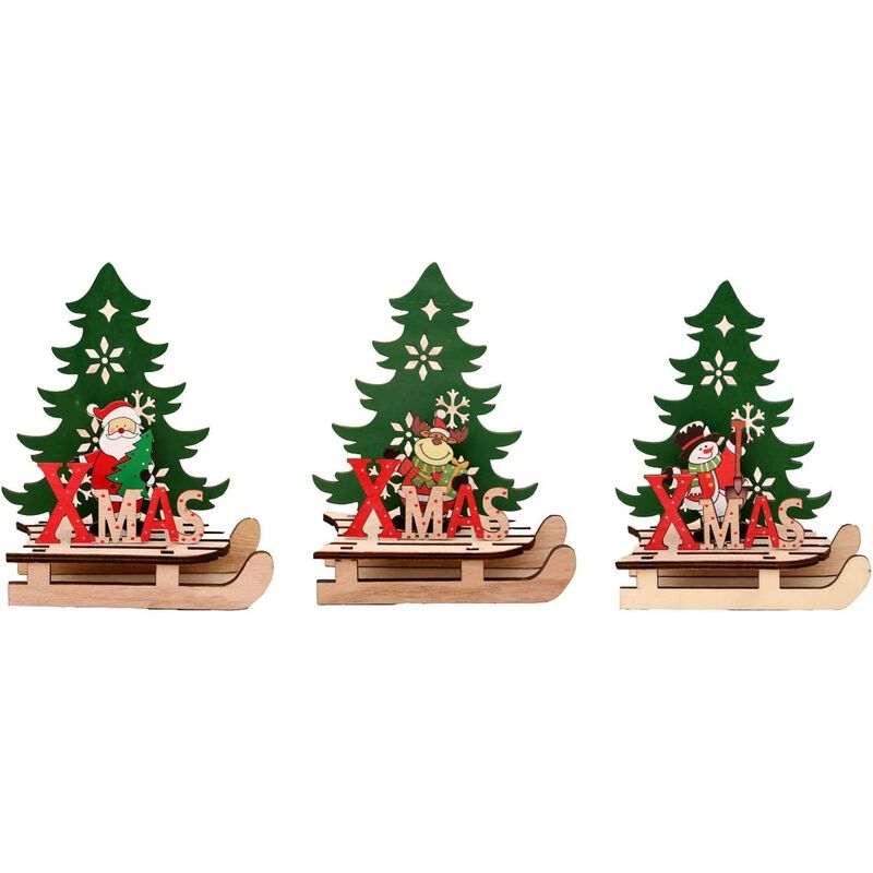 

3 piezas de colgantes colgantes para árboles de Navidad, decoración de mesa con adornos navideños de madera, trineo de muñeco de nieve de Papá Noel,