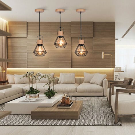 WOTTES 3 Piezas Lámpara Colgante Vintage Lámpara de Techo de Madera Metal Iluminación Diseño de Jaula Luz Colgante Negro Ø25cm