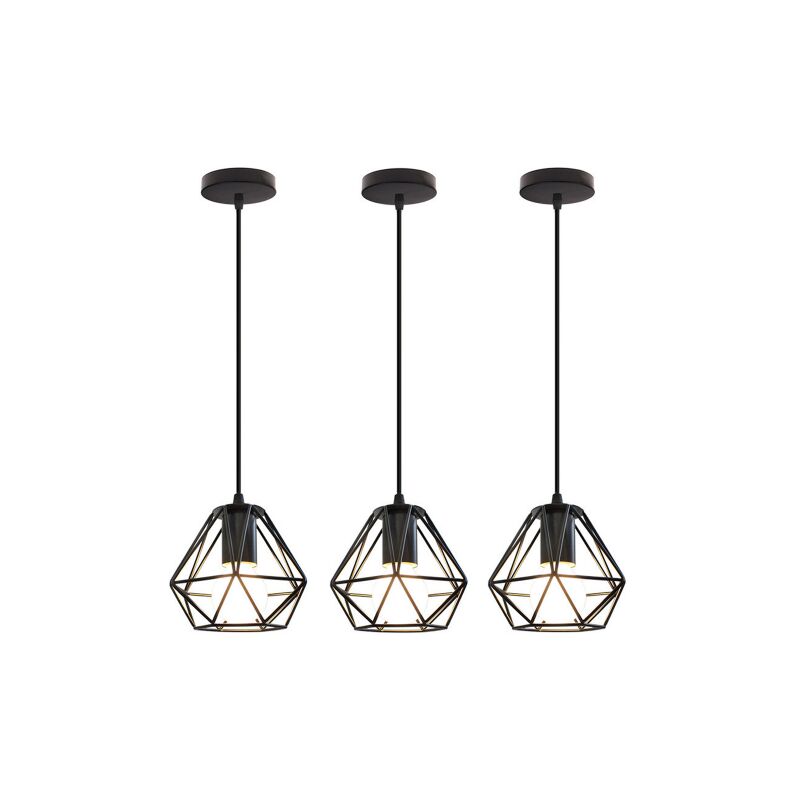 

3 piezas lámparas colgantes de jaula de metal creativo, lámpara suspensa de jaula de diamante moderno y elegante - negro