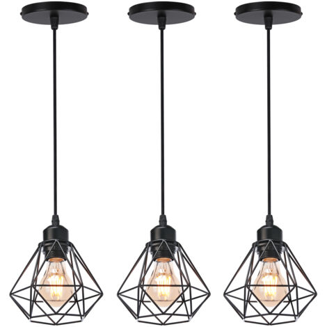 3 Piezas STOEX Lámpara Colgante de Metal Negro, Lámparas de Techo Retro Diamantes Jaula para Salón Cocina Dormitorio - Sin Bombilla