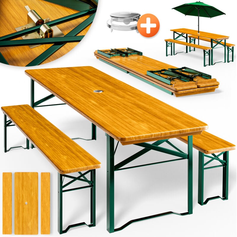 

Deuba Conjunto de 1 Mesa y 2 Bancos de madera plegables con agujero para sombrilla Juego de jardín