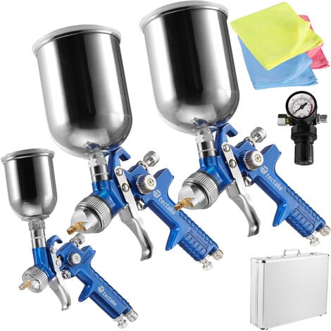 3 pistolas de pintar HVLP (0,8+1,3+1,7mm) + maletín + bayetas de microfibra - pistola de acero con difusor, set para pintar con regulador de presión y filtros, pistola para pulverizar con maletín de a - azul
