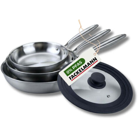 3 poêles 24 26 cm et 28 cm inox 18/10 Triply et couvercle Fackelmann Vita3