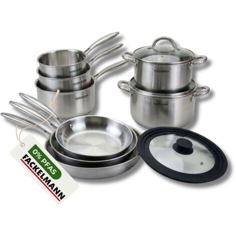 3 poêles à Frire 20 24 et 28 cm, Casseroles 14 16 et 18 cm, Faitouts 20 24 cm inox 18/10 Triply, Couvercle Fackelmann Vita3