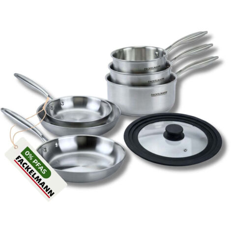 3 poêles à Frire 20 24 et 28 cm, Casseroles 14 16 et 18 cm inox 18/10 Triply et couvercle Fackelmann Vita3