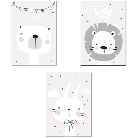 3 pósteres nórdicos de bebé niño, pósteres infantiles, dibujos de animales, león, oso, conejo, lienzo, decoración de pared, regalos (21 x 30 cm)