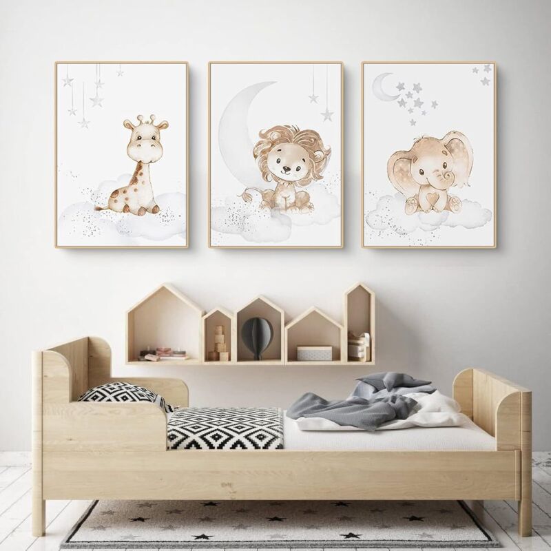 Lot de 3 affiches pour chambre d'enfant - lapin, girafe, lion, éléphant, lune, étoiles et autres animaux - décoration chambre d'enfant - sans cadre
