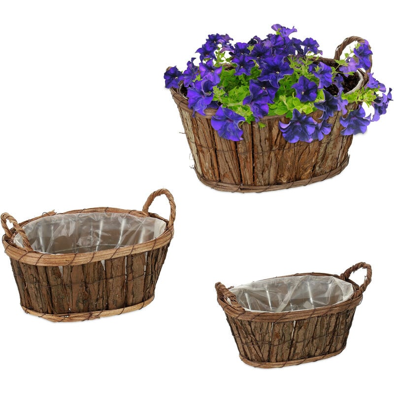 3 pots de fleurs en bois, chacun ayant une taille différente, film pour chaque, poignées, nature - Relaxdays