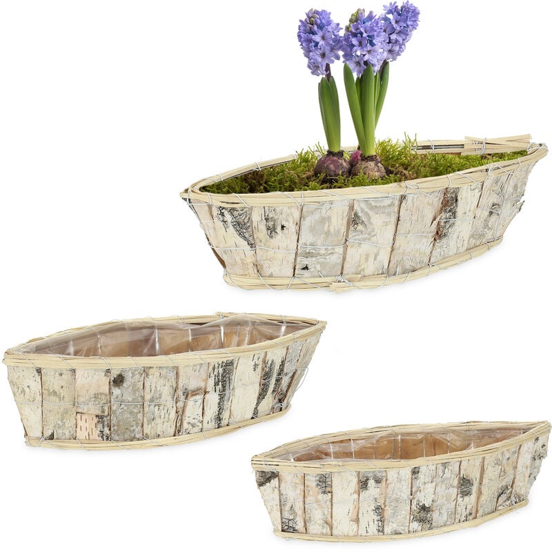 3 pots à fleurs, bois, en forme de bateau, chacun ayant un film, pour l'intérieur & l'extérieur, blanc/nature - Relaxdays