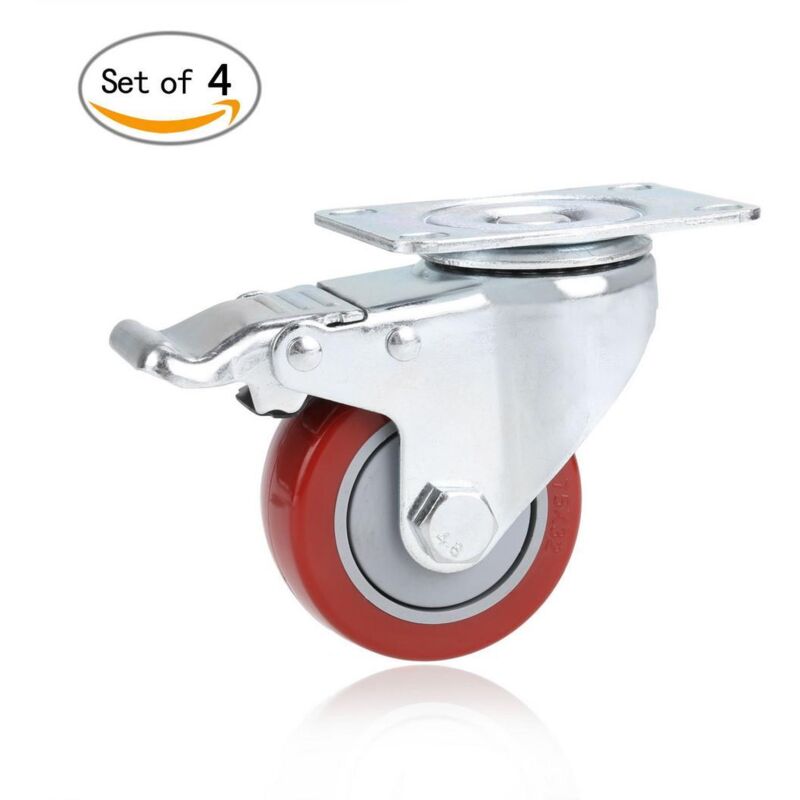 4 pcs Roulettes Pivotantes avec frein 75mm pour Meuble Charge 400kg Rouge et Argent