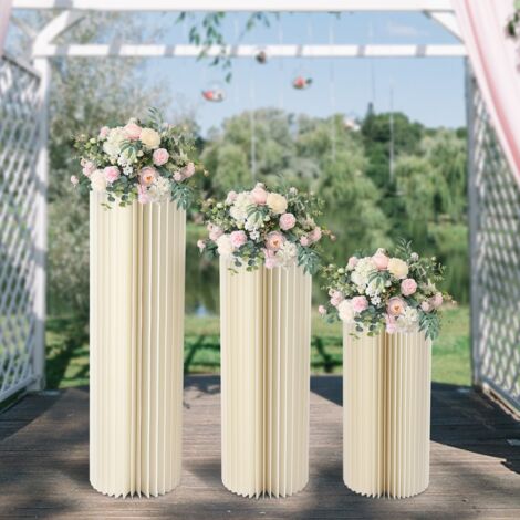3 présentoirs pliables à colonnes, présentoirs en carton pour fleurs de mariage de 60 cm/80 cm/100 cm, présentoirs centraux en papier avec couvercle en acrylique.