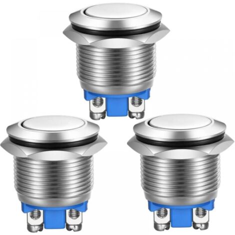 3 pulsadores momentáneos de acero inoxidable con terminales de tornillo, resistentes al agua, de 19 mm, 2 A, 12 V/24 V/125 V/250 V (cabeza plana)