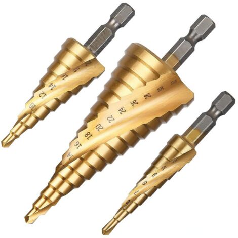 3 punte per trapano a gradini scanalati a spirale, punte per trapano in acciaio rapido HSS con rivestimento in titanio da 4-12/20/32 mm per forare acciaio, ottone, legno