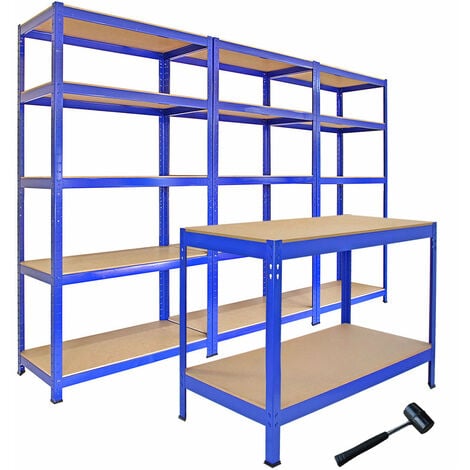 MONSTER RACKING 3 Rayonnages T-Rax Bleus de 90cm et 1 Établi Q-Rax Bleu de 120cm en Acier Sans Boulons - Rangement Atelier Garage Bricolage Entrepôt 100% Sans Boulons & Robustes [Maillet GRATUIT]