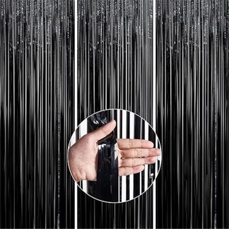 3 Rideaux à Franges Métalliques Noir et Aluminium 1x2 m  Brillant pour Décoration de Fête et Toile de Fond