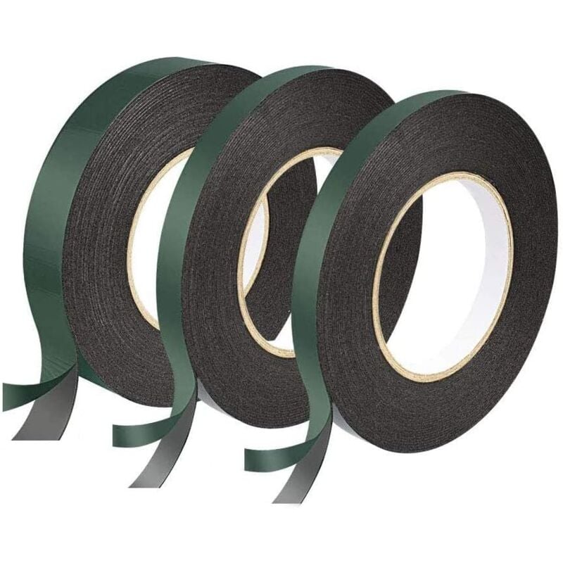 3 Rolls Double Sided Tape, Black Double Sided Tape 12mm, 12mm, 25mm, Extra Strong Foam Tape, Waterproof Insulating Sponge Tape, Anti Shock, Thermal