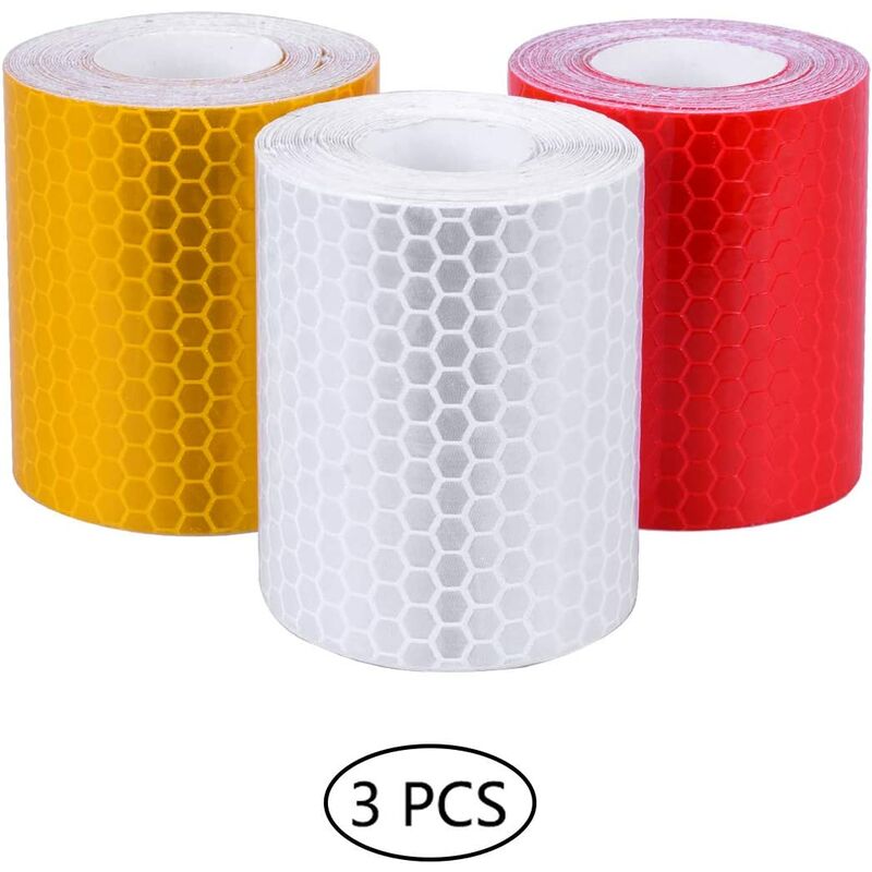 Bearsu - 3 Rolls Reflective Safety Tape Sticker for Car Truck Road Motorized Equipment 1cmx8m (White Red Yellow)