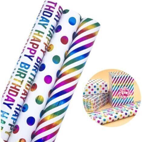 3 Rouleaux Coloré Papier Cadeau 43cm x 3M,Papier D'Emballage Multicolores(Point/Diagonale/Happy Birthday)