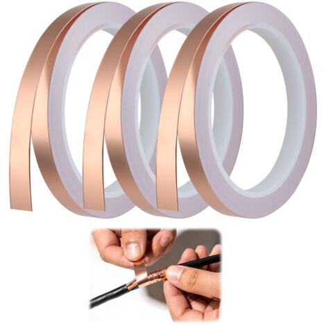 3 Rouleaux Feuille de Cuivre Bande Ruban Conducteur 10 mm x 20 m Haute Adhérence pour Blindage Protection Contre Interférences Électromagnétiques et Température Élevée Usage Électronique et Bricolage