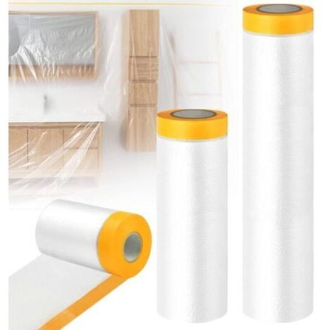 3 Rouleaux Masker Avec Ruban De Masquage, Film De Masquage Bache de Protection Peinture Transparente, Masker avec Ruban de Adhésifs Masquage Peinture Anti-poussière pour Protection Meuble Sol