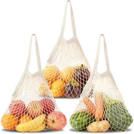 3 Sacs à Provisions en Coton, Légumes Courses, Sac en Filet Pliable, Sac à Provisions en Filet à Longues Poignées, Réutilisables, Adaptés au Transport de Fruits et à Vos Achats, Beige