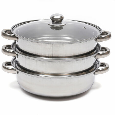 3-Schicht-Dampfgarer mit Glasdeckel Dampfgarer Kochtopf Gemüsedampfgarer Suppendampfgarer Küchengeräte Stapelbarer Durchmesser Edelstahl-Glasdeckel Kochtopf 28 cm