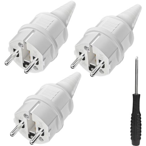 3 Schutzkontaktstecker mit Verdrehschutz, 250 V (16 A), spritzwassergeschützt und langlebig, IP44, weiß.