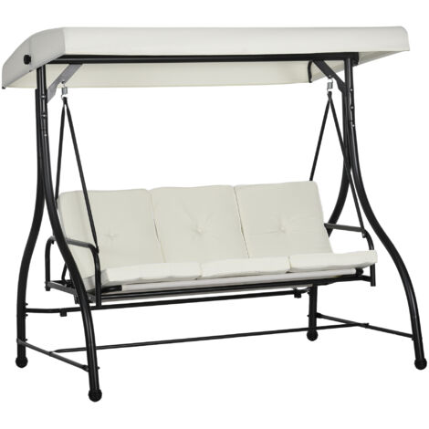 3 Seater Canopy Swing Chair, 2 in 1 Garden Swing Seat Bed, with Adjustable Canopy and Metal Frame, Cream White