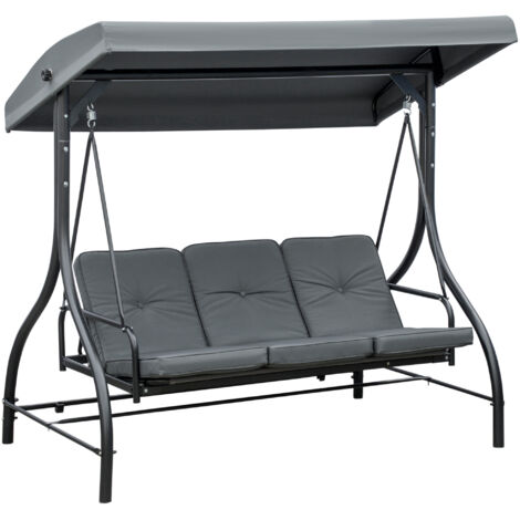 3 Seater Canopy Swing Chair, 2 in 1 Garden Swing Seat Bed, with Adjustable Canopy and Metal Frame, Dark Grey