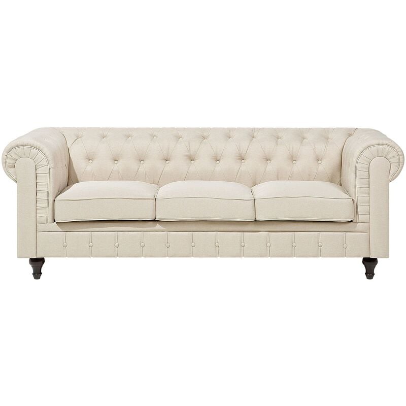 Modern Scroll Arm 3 Seater Fabric Sofa Tufted Back Beige Chesterfield