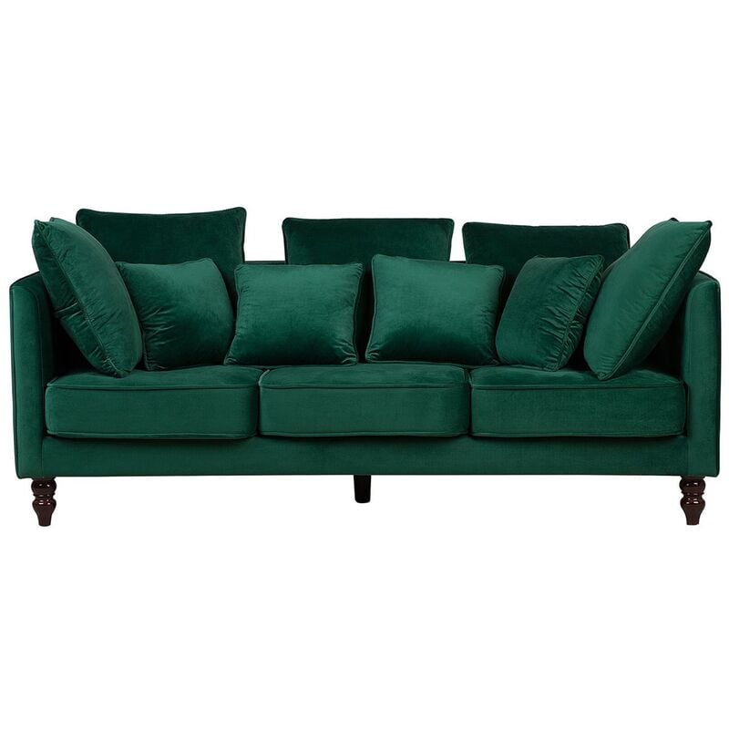 Modern Velvet Fabric Sofa 3 Seater Loose Pillows Back Emerald Green Fenstad