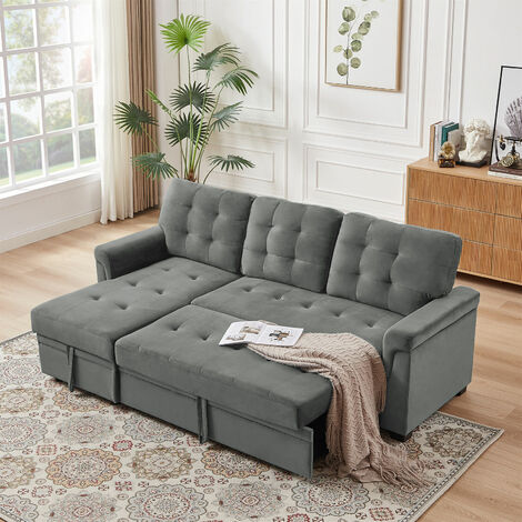 3 Seater Sofa Bed Corner Couch Sectional Settee Sleep Reversible Storage Chaise - Grey Velvet