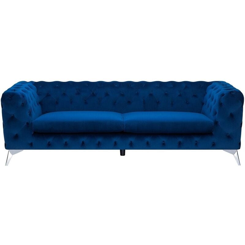 Modern 3 Seater Velvet Sofa Button Tufting Chesterfield Low Back Blue Sotra