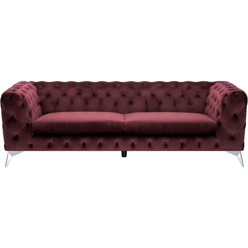 Modern 3 Seater Velvet Sofa Button Tufting Chesterfield Low Back Dark Red Sotra