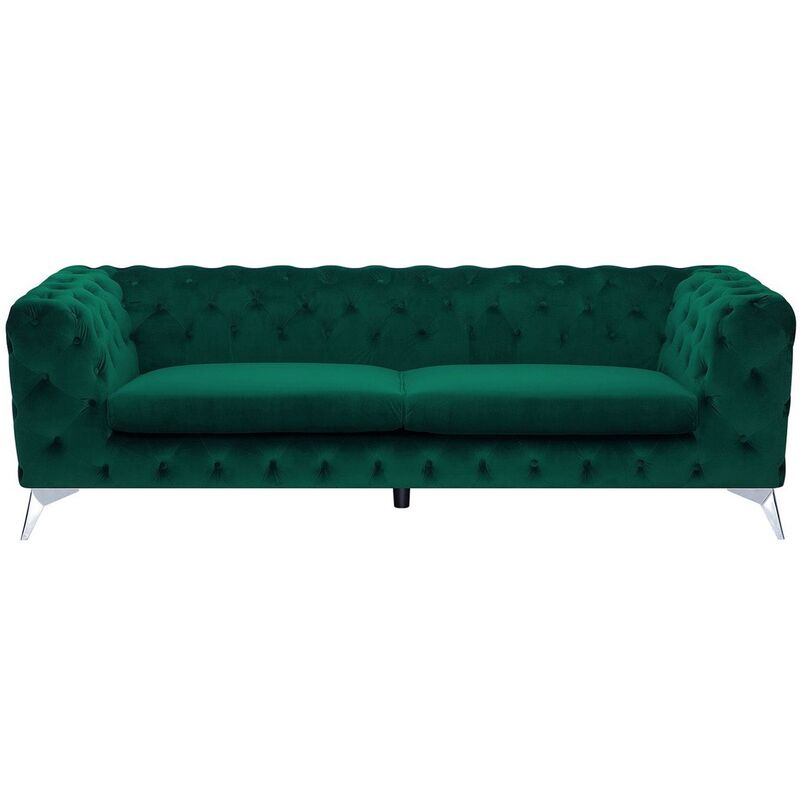 Modern 3 Seater Velvet Sofa Button Tufting Chesterfield Low Back Green Sotra