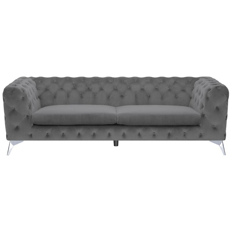 Modern 3 Seater Velvet Sofa Button Tufting Chesterfield Low Back Grey Sotra