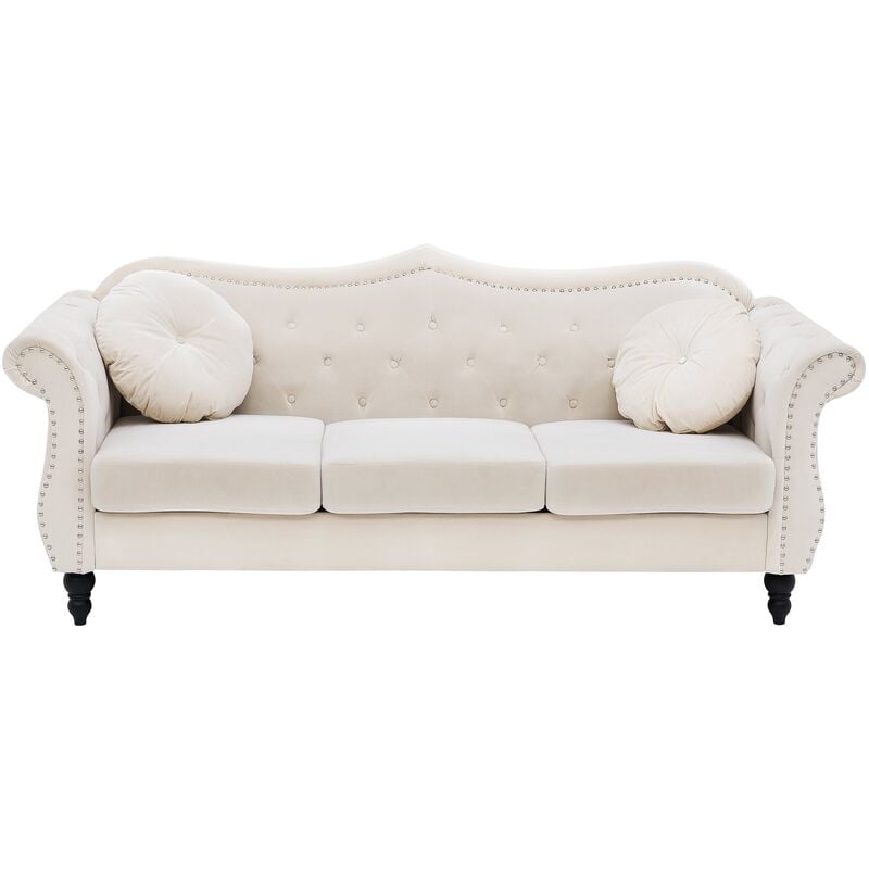 Glam Living Room 3 Seater Velvet Sofa Nailhead Trim Button Tufted Beige Skien