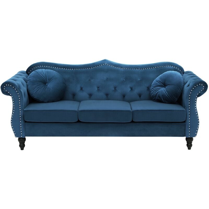 Glam Living Room 3 Seater Velvet Sofa Nailhead Trim Button Tufted Blue Skien