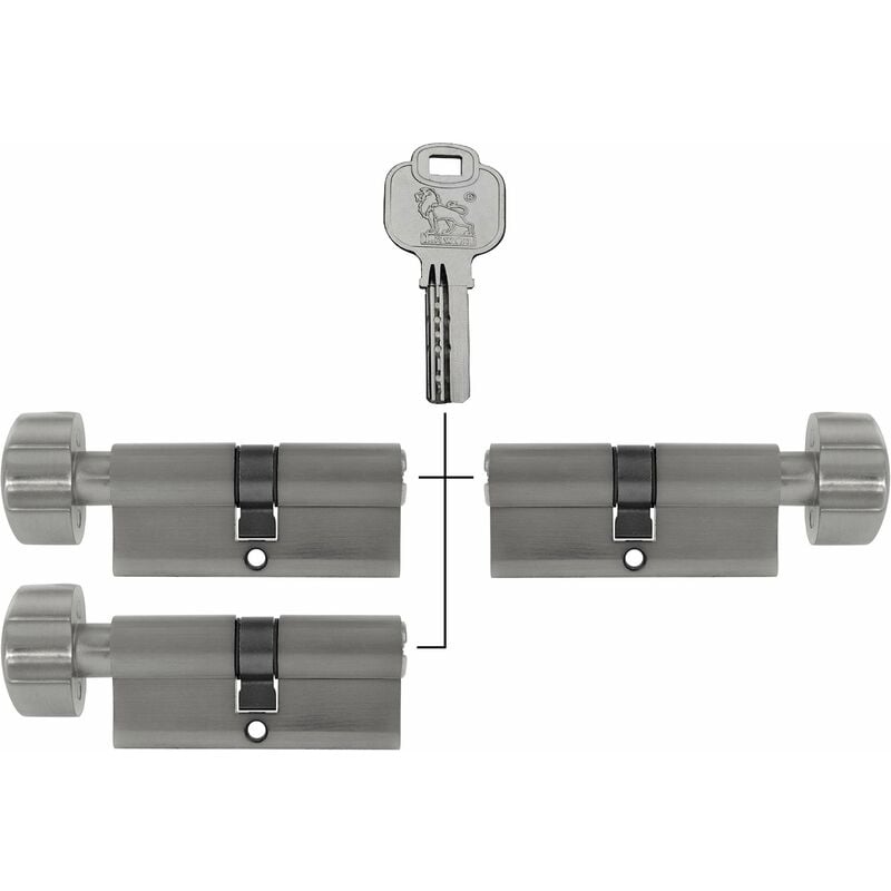 Image of 3 serrature a cilindro con chiusura simultanea da 80 mm con pomello KD (con funzione di emergenza e pericolo), con 15 chiavi (40 x 40), argento
