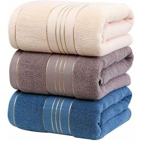 3 Serviette de Bain Drap de Bain en 100% Coton, Grande Taille Douce Luxe et Très Absorbant, pour Sauna Douche Natation Salle de Bains Hôtel Voyage (70x140CM, Bleu+Gris+Beige)