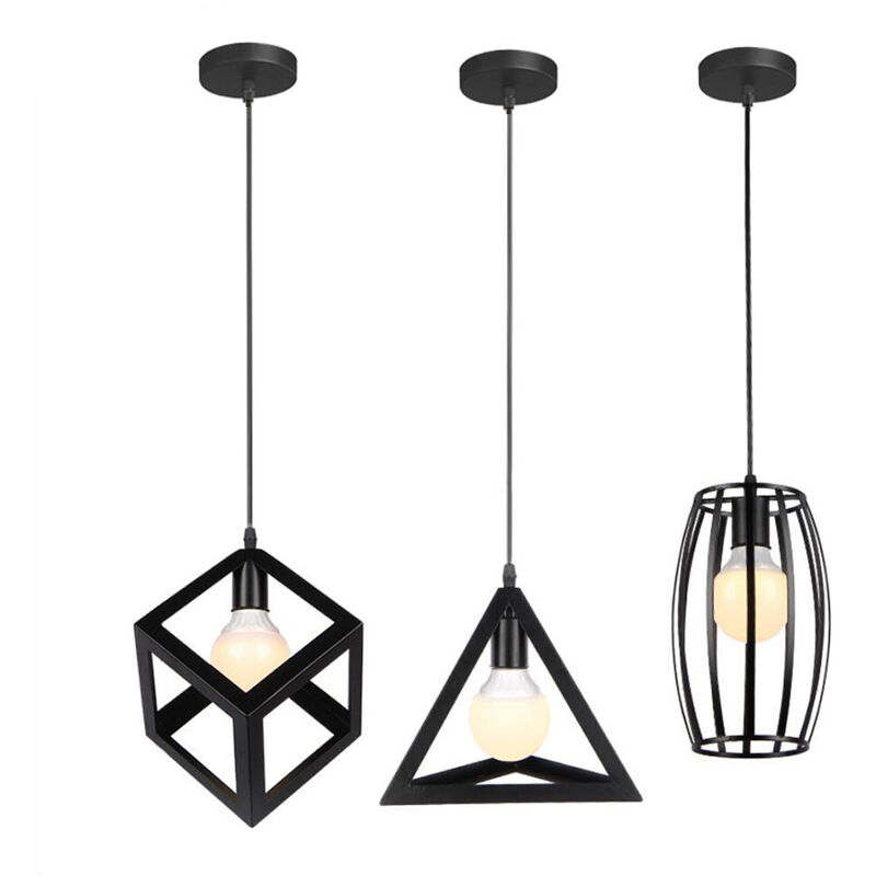 Creative Pendant Light Set of 3 Modern Metal Geometric Hanging Ceiling Lamp Cube Cage Chandelier Fixture (Black)