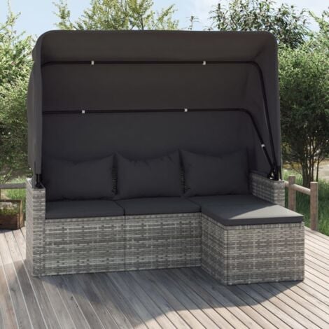 3-Sitzer-Gartensofa  Loungesofa  mit Dach und Fußhocker Grau Poly Rattan DE95682