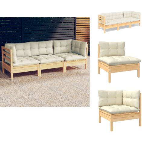 3-Sitzer-Gartensofa mit Creme Kissen Massivholz Kiefer - Gartenmöbel - Terrasse Möbel - Esszimmergarnitur - Outdoor Lounge Set - Rattan Gartenmöbel